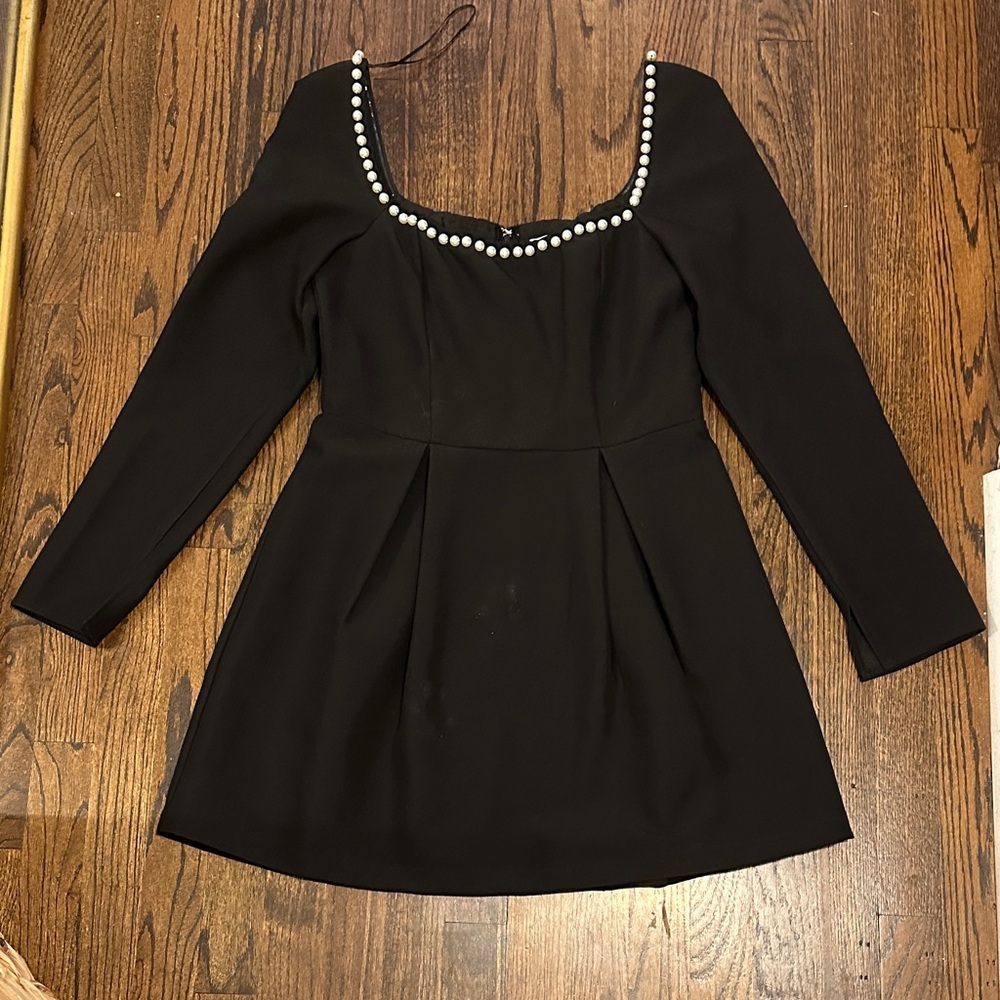 NWT Black Long-Sleeve Pearl-Trim Mini Dress